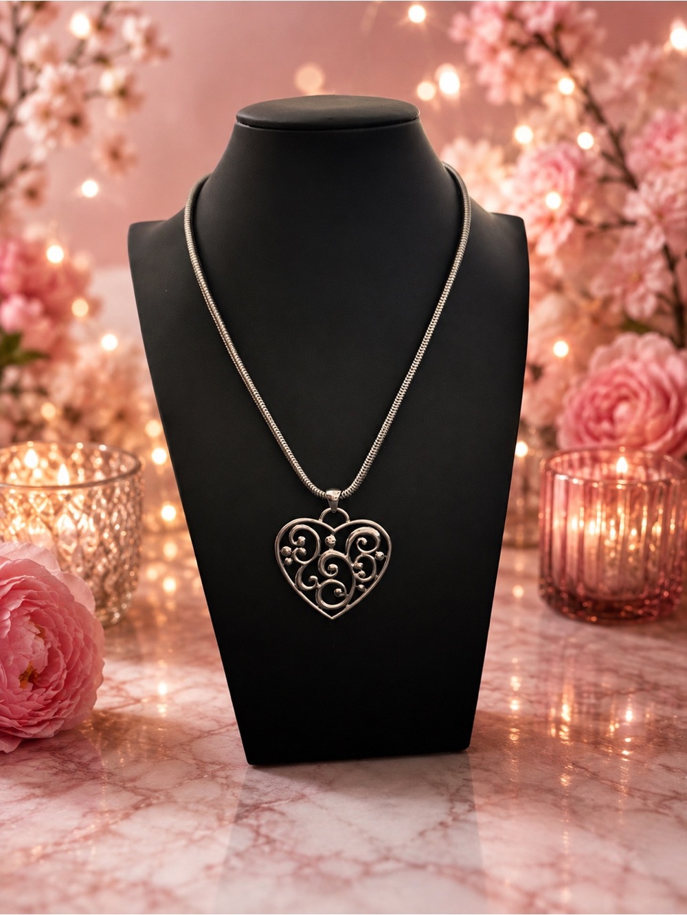 Silver Filigree Heart Pendant Necklace - Women Fashion Jewelry NWOT